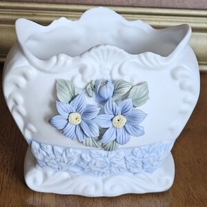 White Ceramic Daisy Heart Floral Vase with Blue Appliqué Flowers